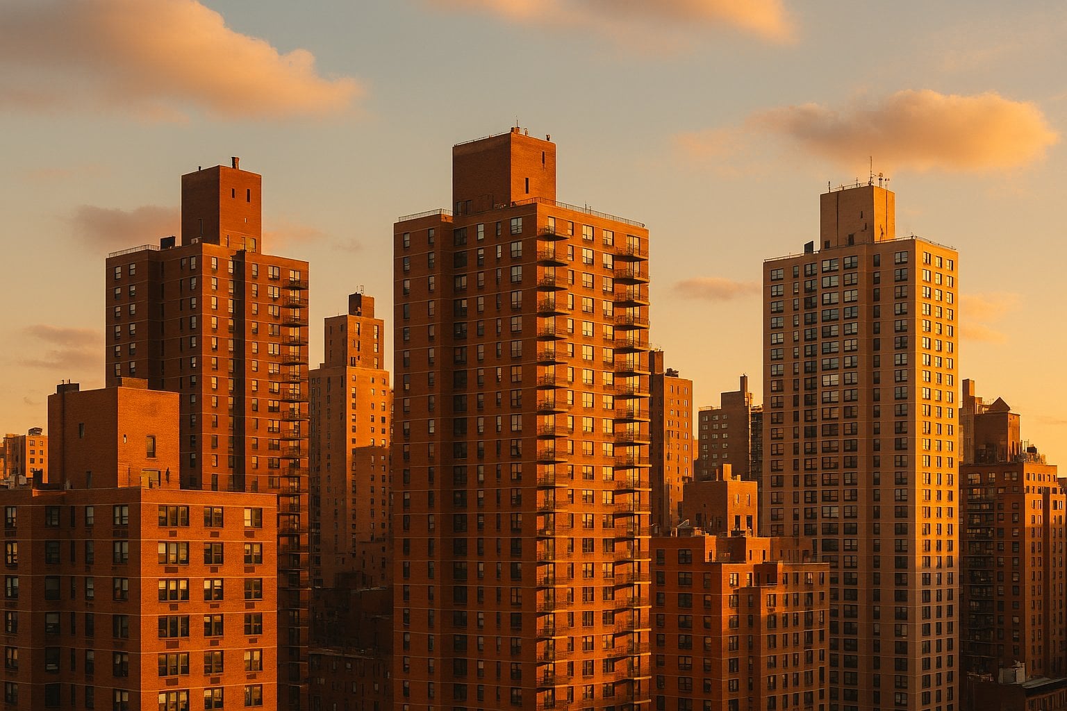 NYC apartment buildings at sunset